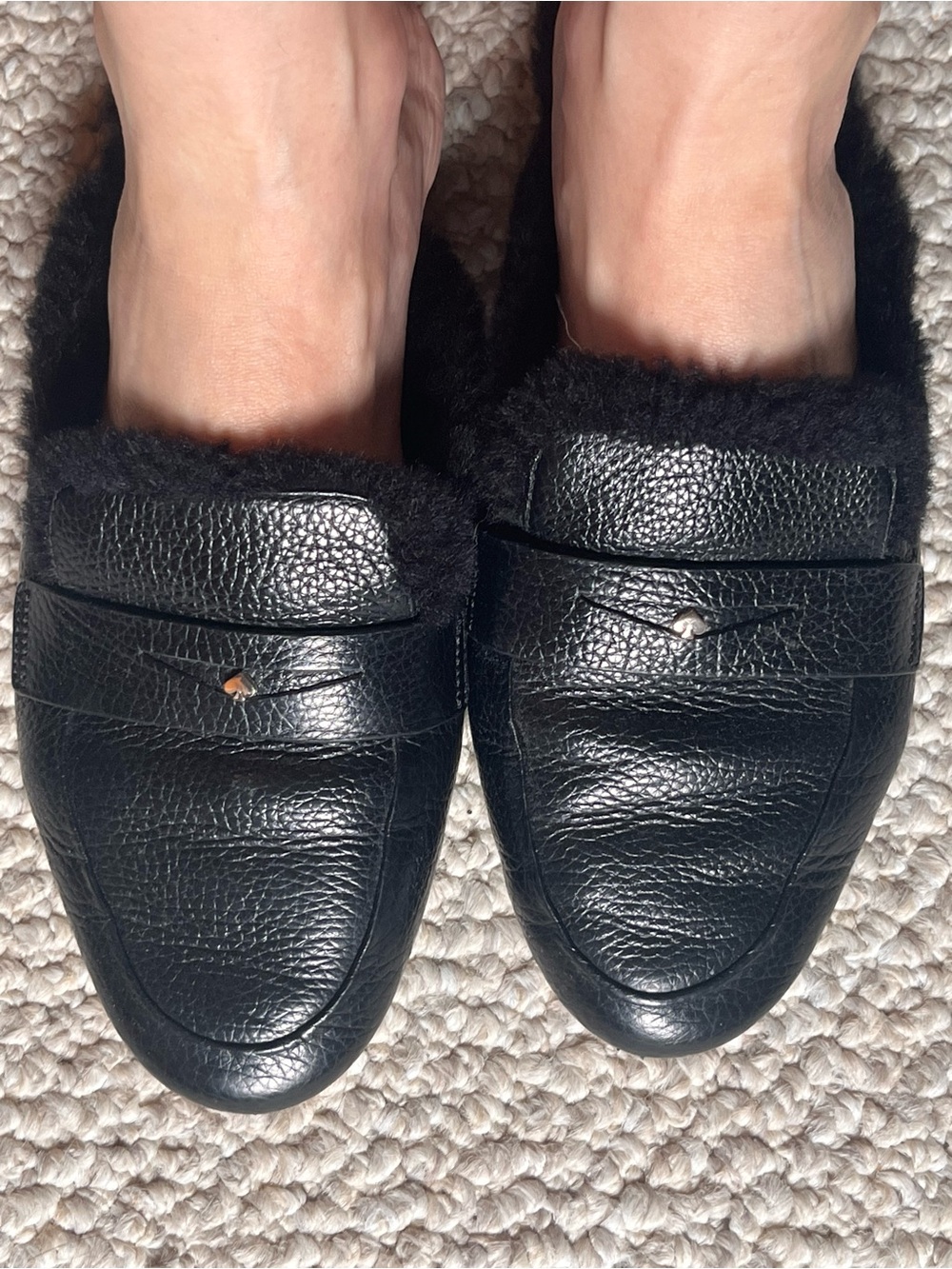 kate spade Black Leather Fur-Trim Penny Loafers